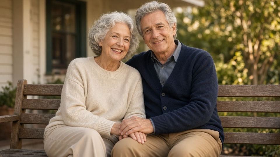 A smiling couple in their later years sitting together on a porch bench.