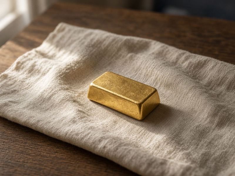 A single gold bar resting on linen.