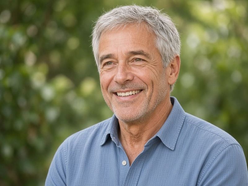 An older man smiling outdoors, wearing a light blue shirt.