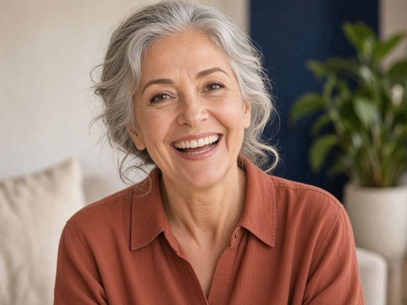 An older woman smiling indoors, wearing a rust blouse.